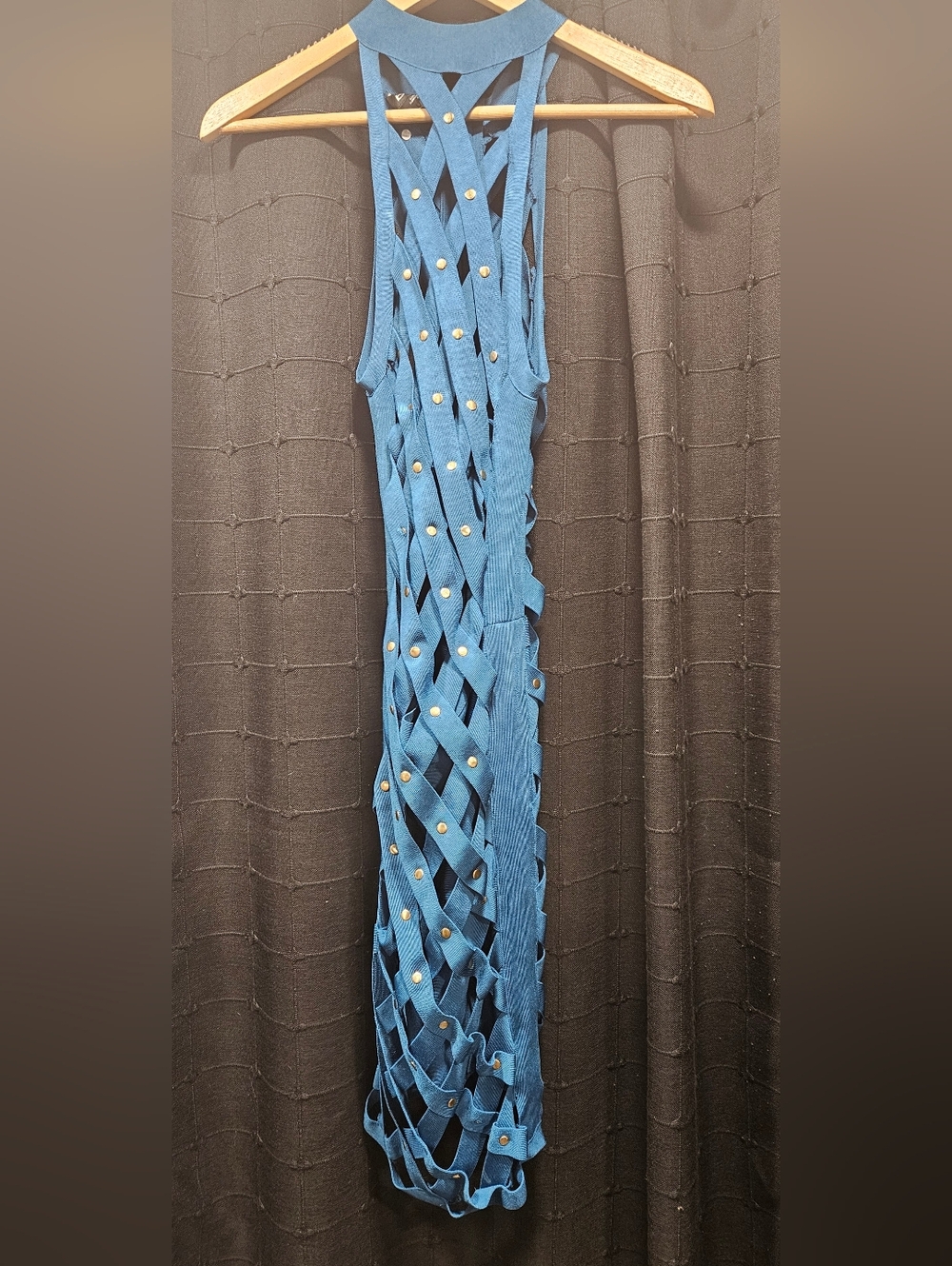 Bebe Mykonos Blue Studded Cage Bandage Dress - Size S - Sexy Bodycon Mini - Picture 3 of 7